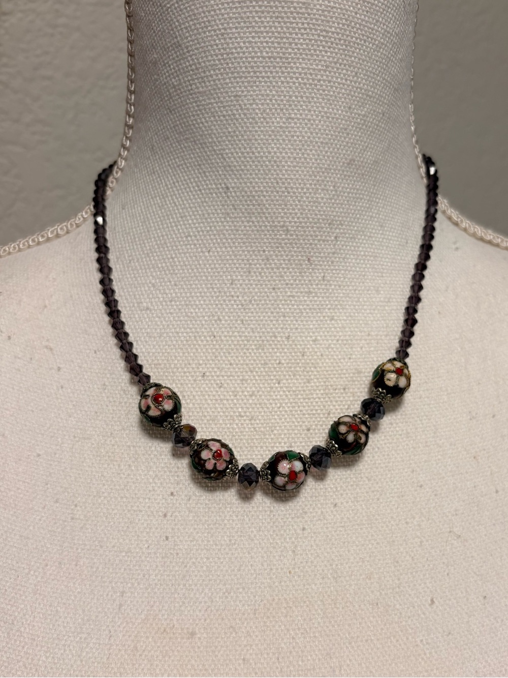 Green/Purple Floral Cloisonné Bead Necklace 18 inch